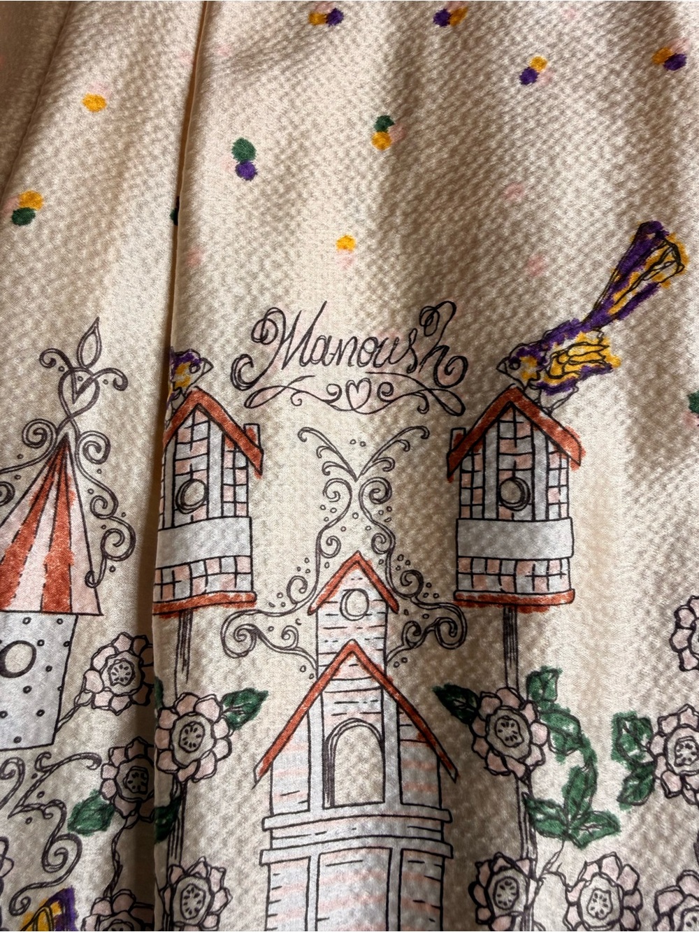 Rare Vintage MANOUSH 100% Silk Bird House Midi Skirt Cottagecore Whimsical Sz6 - Picture 3 of 12
